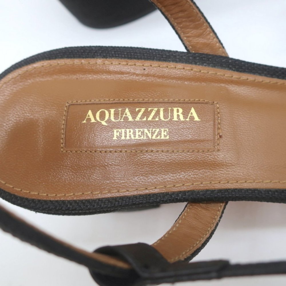 AQUAZZURA POM POM ANKLE TIE SANDALS BLACK RAFFIA SIZE 39 OPEN TOE MID-HEEL - Picture 8 of 9